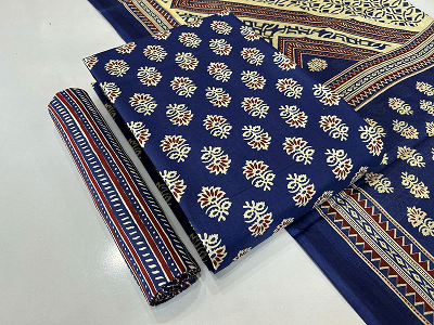 Ajrakh Dress Material Blue and Red Color Flower Design