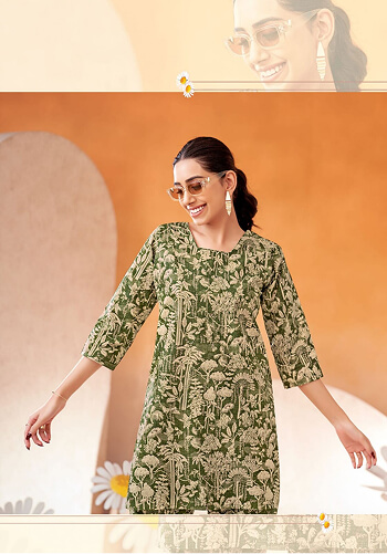 Women Wearing Co-ord Printed Cotton Kurti & Pent Set