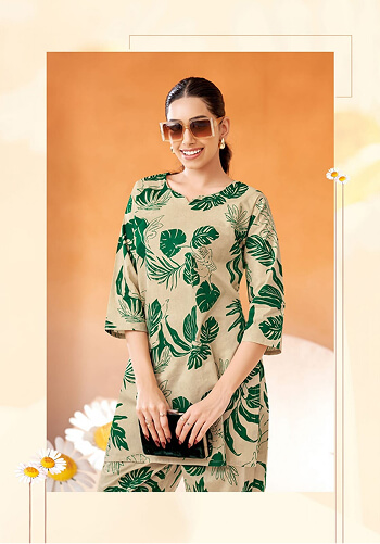 Women Wearing Co-ord Printed Cotton Kurti & Pent Set