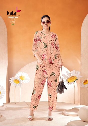 Women Wearing Co-ord Printed Cotton Kurti & Pent Set