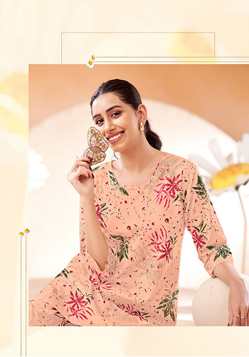Women Wearing Co-ord Printed Cotton Kurti & Pent Set