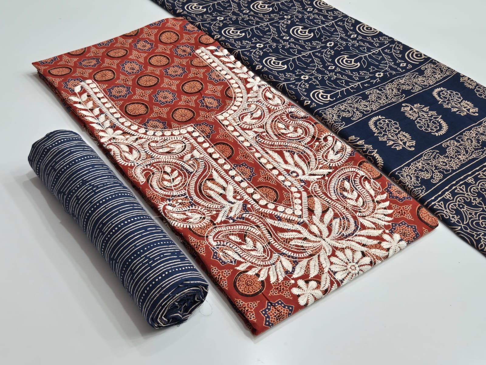 Ajrakh Cotton Dress with White Neck Design