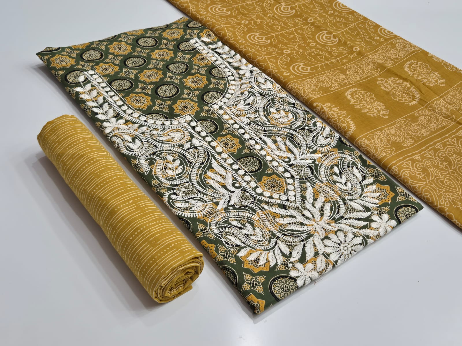 Ajrakh Cotton Dress with White Neck Design